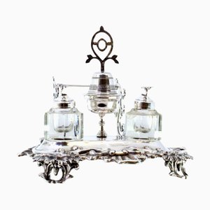 Silver Inkwell with Two Faceted Glass Tanks