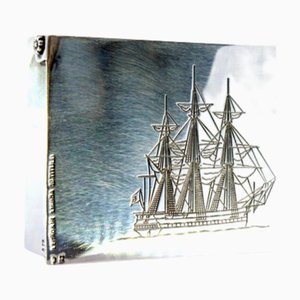 Silver Stamp Box with Engraved Caravel and Hinged Lid