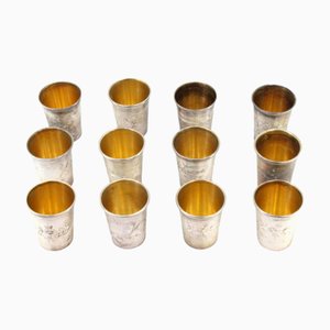 Silver Vodka Glasses with Floral Reliefs, Set of 12