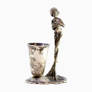 Silver Toothpick Holder with Chalice and Lady in Long Dress