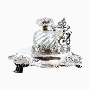 Cut Silver Inkwell with Spherical Glass Tank, Mask, Pen Holder and Coat of Arms