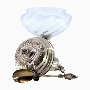 Silver and Wavy Glass Compote with Lid, Spoon and Cut-Out Feet