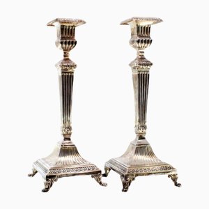 Bougeoirs en Argent avec Frises Cannelées, Tige Carrée et Pieds Relevés, Set de 2