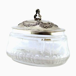 Cut Glass Candy Box with Cut-Out Handle Lid and Floral Reliefs