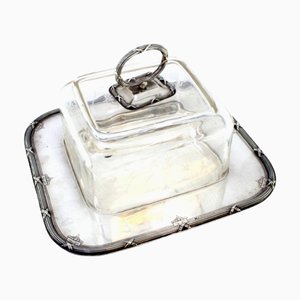Plato para queso plateado con tiras a la vista, núcleo de vidrio grabado al ácido y tapa con perilla