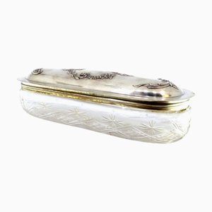 Säuregeätzte Glasdose mit silbernem Deckel mit Reliefs und Monogrammkarte