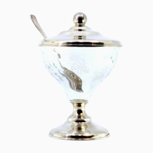 Silver Compote Dish with Spoon, Acid Etched Glass Core and Knob Lid, Set of 2