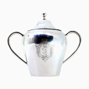 Silver Sugar Bowl with Handles, Engraved Monogram Plaque and Knob Lid