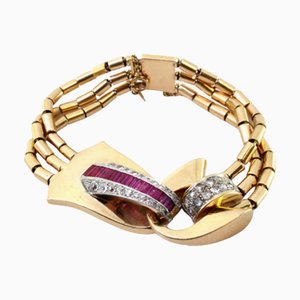 Bracelet Art Déco Tubulaire en Or avec Diamants Taille Rose et Rubis Calibrés
