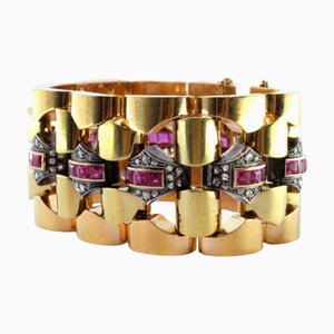 Bracelet Art Déco en Or avec Éclats de Diamants, Rubis et Maillons Centrales Plaqués Argent