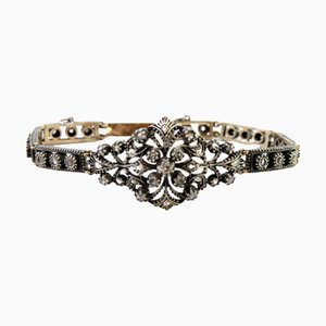 Bracelet Art Déco en Or et Argent avec Diamant Central Taille Brillant et Jetons de Diamants