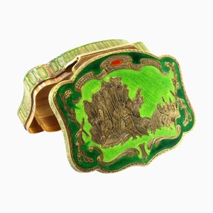 Snuff Box in Gold with Country Activities Engraved Enamel Panel, Floral Motifs and Garlands