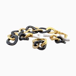 Zweifarbiges Armband, Ring und Ohrringe aus Niello Gold mit Diamanten im Brillantschliff, 4 . Set