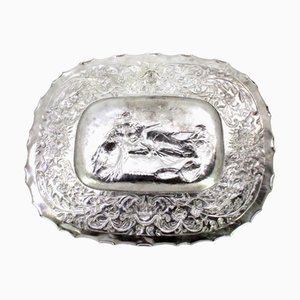 Wall Tray in Embossed Silver with Elliptical Biblical Scene and Wavy Edge