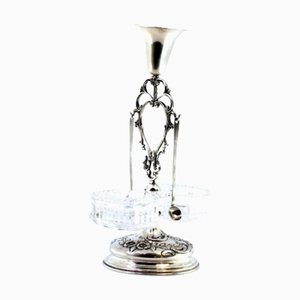 Silver Toothpick Holder with Chalice, Cut-Out Application and Cut Glass Containers for Salt and Pepper