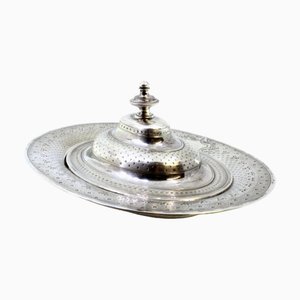 Oval Butter Dish in Guilloche Silver with Elliptical Grooved Knob Lid and Monogram Card