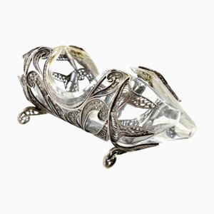 Silver and Glass Filigree Toothpick Holder with Feet