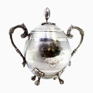 Sugar Bowl in Guilloche Silver with Knob Lid, Acanthus Leaves, Dragon Relief Handles and Claw-Shaped Feet