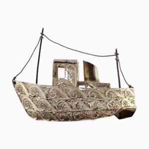Silver Filigree Boat with Applications on Wooden Base