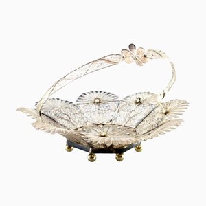 Basket-Shaped Silver Filigree Bowl with Appliqués and Ball-Shaped Feet