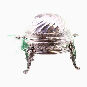 Silver and Cut Glass Butter Dish with Reliefs, Monogram Plaque Lid and Feet with Reliefs