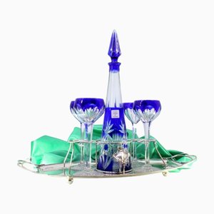Likörkaraffe aus geätztem Glas mit Gläsern und Tablett, 6 . Set