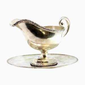 Silver Sauce Boat and Plate with Borders on the Edge and Surroundings