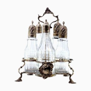 Cruet Set with Silver Structure and Pepper and Salt Shaker and Cinnamon Shaker in Cut Glass, Set of 4