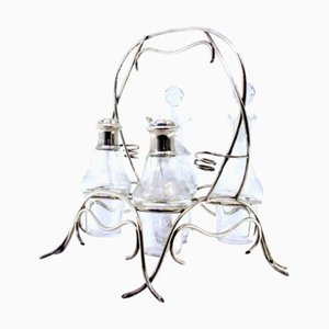 Cruet Set with Silver Structure and Cruets and Salt and Pepper Shaker and Mustard Jar in Acid-Etched Glass, Set of 6