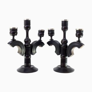 Black Wood Candelabras with Silver Applications, Set of 2