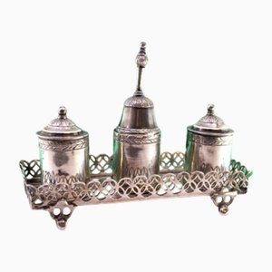 Square Silver Inkwell with Tanks, Bell, Grate and Openwork Feet