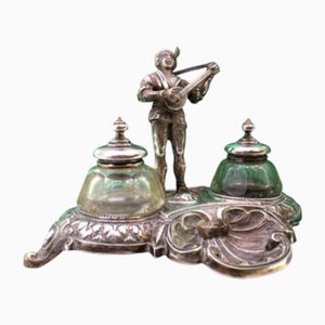 Shell-Shaped Silver Inkwell with Cut Glass Reservoirs, Troubadour and Reliefs