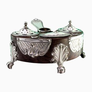 Inkwell in Rosewood with Silver Applications, Sandpit, Pen Holders and Palm-Shaped Feet