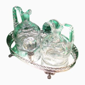 Grid-Shaped Silver and Cut Glass Cruet with Claw-Shaped Feet, Set of 3