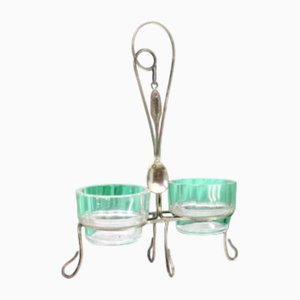 Salz- und Pfefferstreuer aus Glas mit silbernem Rahmen und Löffel, 4 . Set