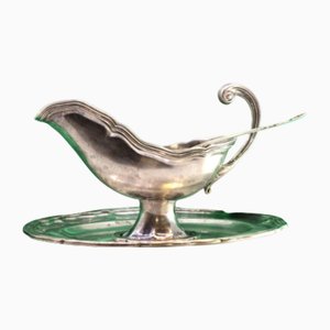 Silver Gravy Boat with Plate Strips and Spoon, Set of 2