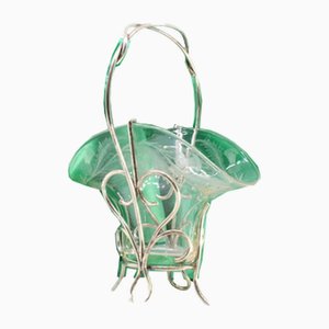 Acid-Etched Glass and Silver Candy Box with Interlaced Handle and Coiled Feet