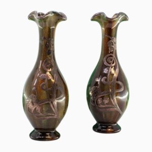 Small Glazed Porcelain Vases with Silver Floral Applications, Set of 2