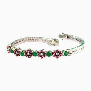 White Gold Bracelet with Brilliant-Cut Diamonds and Rubies and Calibrated Emeralds