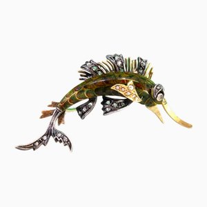 Gold and Silver Brooch with Diamond Flakes and Enamel
