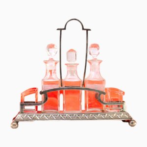 Liqueur Decanter with Silver Structure and Cut Glass Cruets and Salt and Pepper Containers, Set of 5