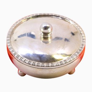 Circular Silver Box with Removable Lid Handle and Frieze