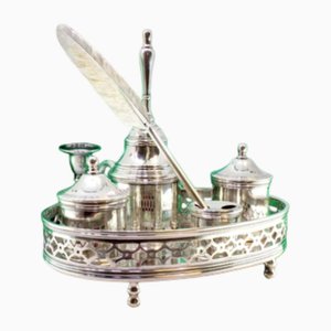 Plain Silver Inkwell with Two Tanks and Pen Holder and Candlestick and Bell and Quill-Shaped Pen, Set of 7
