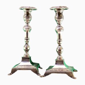 Silver Candlesticks with Turned and Engraved Shafts, Set of 2