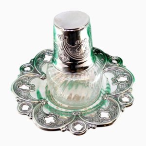Fluted Glass Night Bottle with Cut-Out Base and Silver Cup