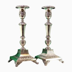 Silver Candlesticks with Turned and Engraved Shafts, Set of 2