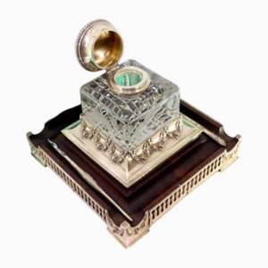Silver Inkwell with Acid-Etched Glass Core and Silver Frame