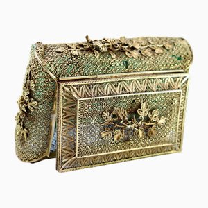 Gold Filigree Silver Box with Floral Applications and Hinged Lid