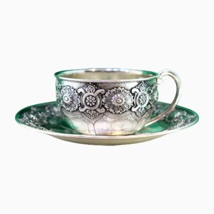 Silver Cup and Saucer with Engraved Reliefs and Smooth Handle, Set of 2