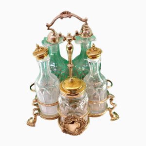 Cruet with Silver Structure and Salt Shaker and Pepper Shaker and Mustard Shaker and Glass Cruets, Set of Set of 6